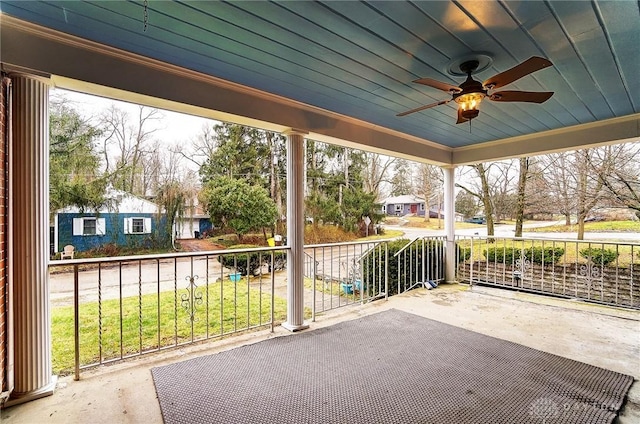 view of patio / terrace featuring ceiling fan and covered porch