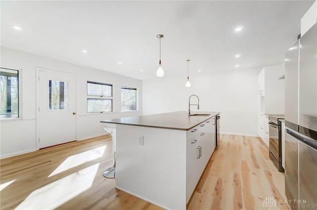 kitchen with light wood-style flooring, modern cabinets, and a sink