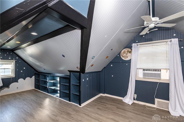 bonus room with hardwood / wood-style floors, ceiling fan, cooling unit, and vaulted ceiling