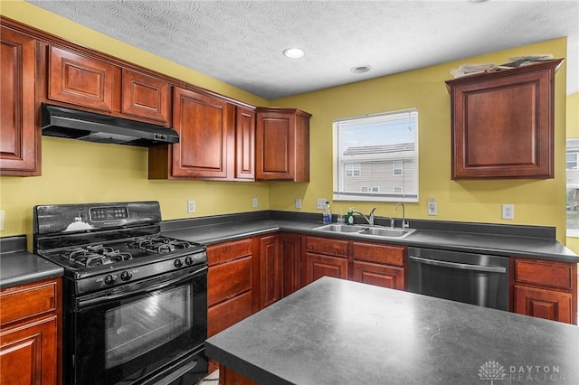 kitchen with gas stove, sink, stainless steel dishwasher, and a textured ceiling