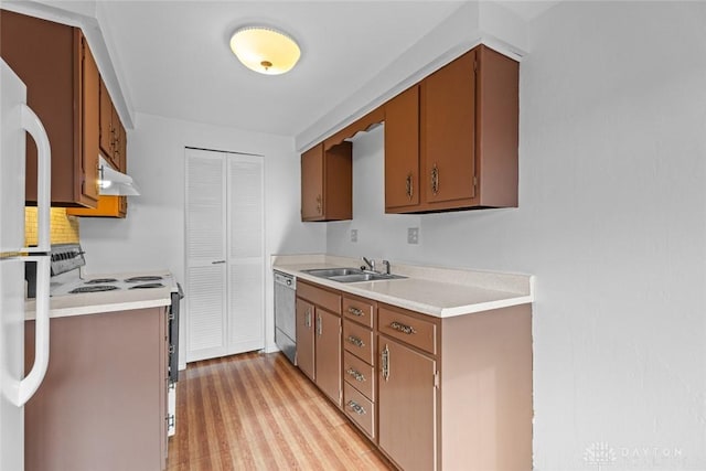 kitchen featuring dishwasher, sink, white fridge, light hardwood / wood-style floors, and range