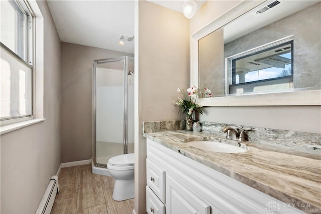 bathroom featuring vanity, hardwood / wood-style flooring, toilet, a baseboard radiator, and a shower with shower door