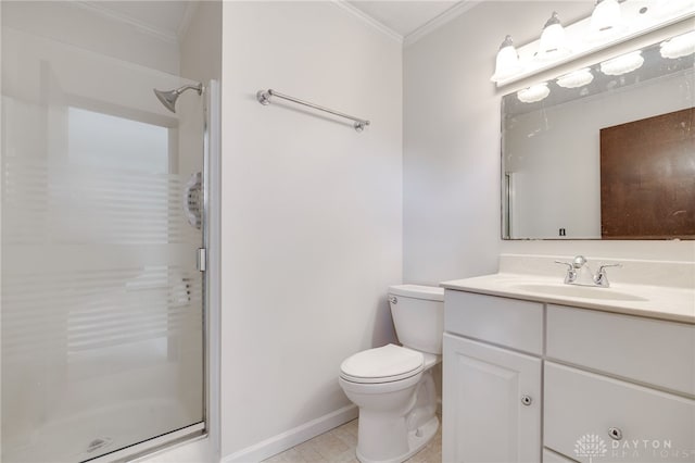 bathroom with vanity, toilet, crown molding, and walk in shower