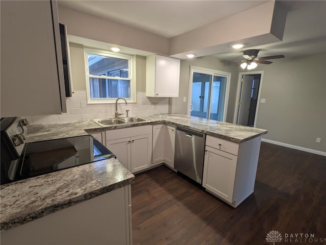 kitchen featuring white cabinetry, dishwasher, backsplash, kitchen peninsula, and stove