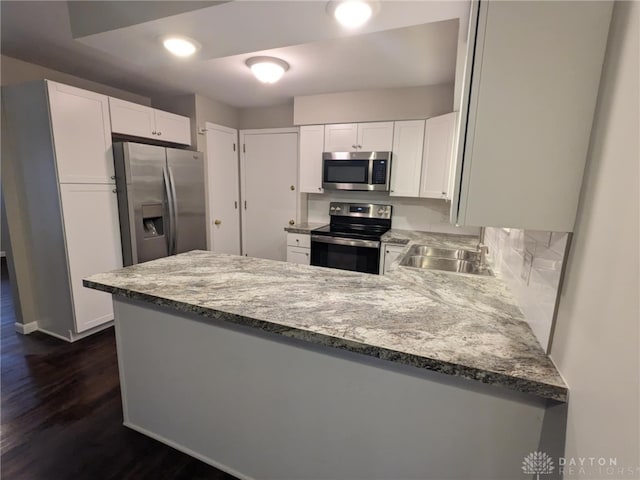 kitchen featuring kitchen peninsula, stainless steel appliances, white cabinetry, and dark hardwood / wood-style floors