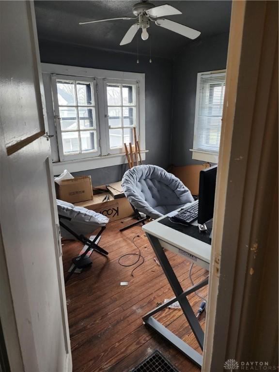 bedroom with hardwood / wood-style floors, ceiling fan, and multiple windows