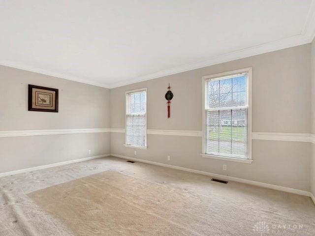 carpeted spare room featuring crown molding