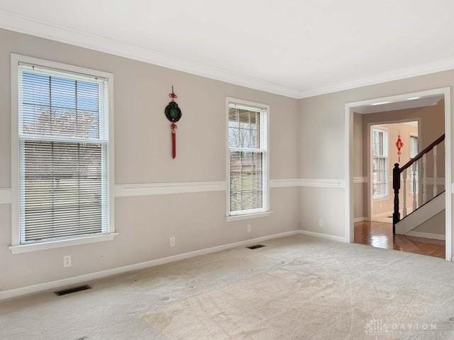 carpeted spare room featuring a healthy amount of sunlight and ornamental molding