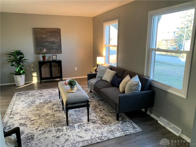 living room featuring dark hardwood / wood-style floors and plenty of natural light