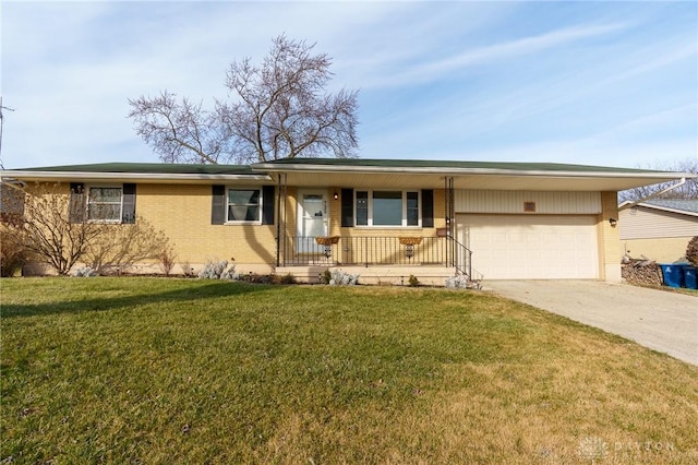 single story home with a porch, a garage, and a front lawn