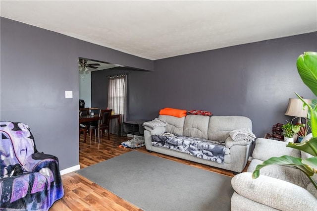 living room with ceiling fan and hardwood / wood-style flooring