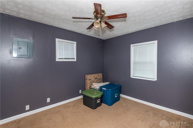 interior space with carpet flooring, ceiling fan, a textured ceiling, and electric panel