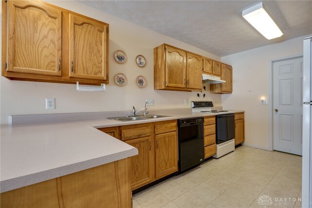 kitchen featuring white electric range oven, a textured ceiling, black dishwasher, and sink