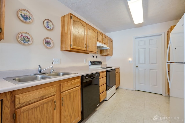 kitchen with a textured ceiling, dishwasher, electric range oven, white refrigerator, and sink