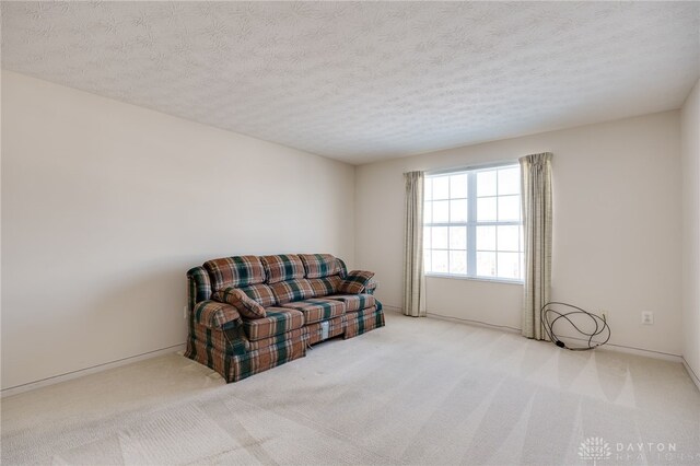 sitting room featuring a textured ceiling and carpet flooring