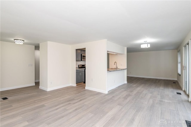 unfurnished living room featuring sink and light wood-type flooring