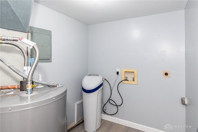 utility room featuring electric panel and water heater