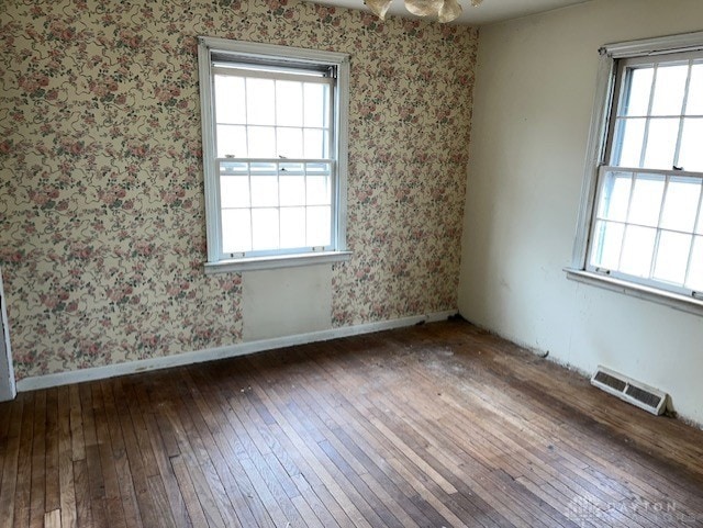 empty room with a wealth of natural light and hardwood / wood-style flooring