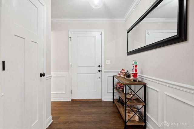 doorway to outside with dark hardwood / wood-style flooring and ornamental molding