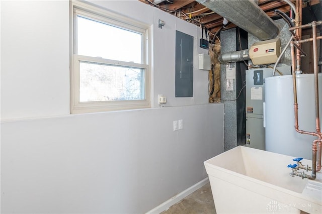 utility room with electric panel, sink, and gas water heater