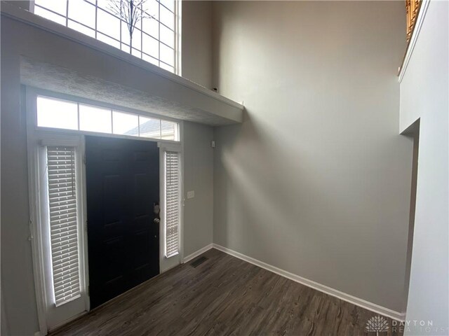 entrance foyer with a high ceiling and dark hardwood / wood-style flooring