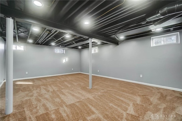 basement with carpet flooring