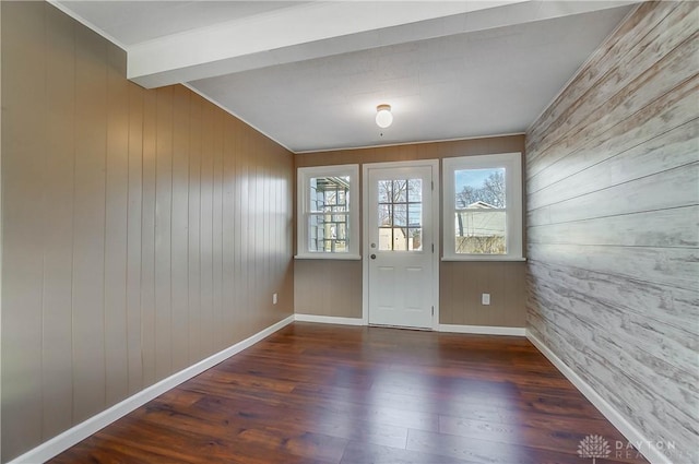 entryway featuring dark wood-type flooring and wooden walls