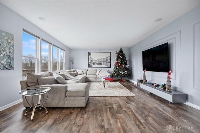 living room featuring dark wood-type flooring