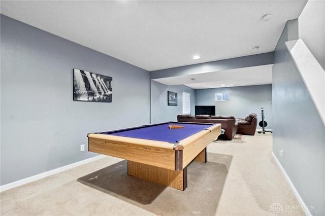 game room with carpet and billiards