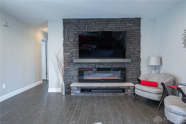 interior details featuring baseboards, a stone fireplace, and wood tiled floor