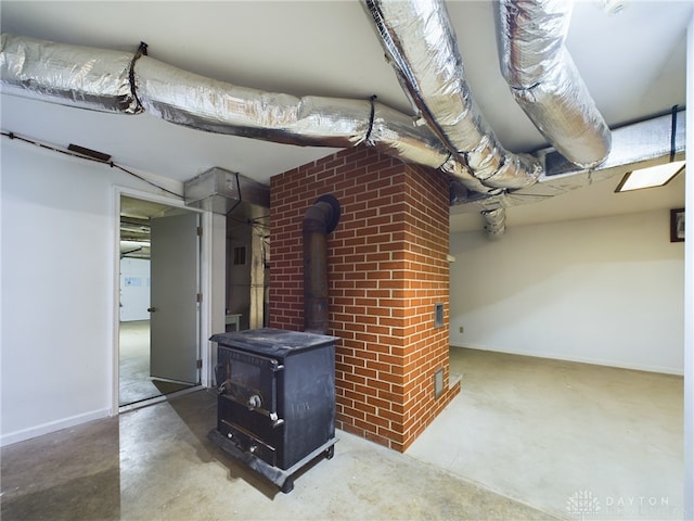 basement with a wood stove