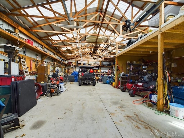 garage with a workshop area