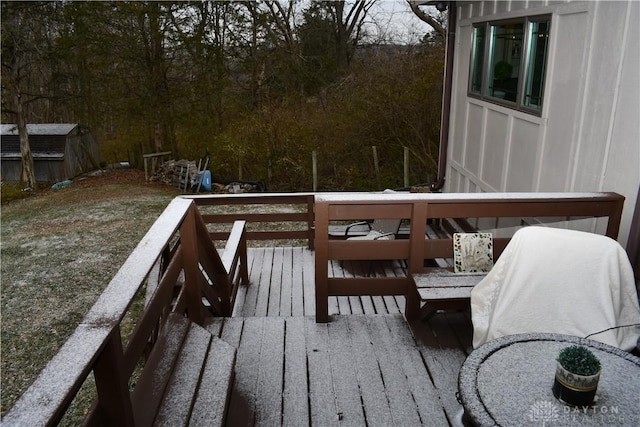 deck featuring a storage shed