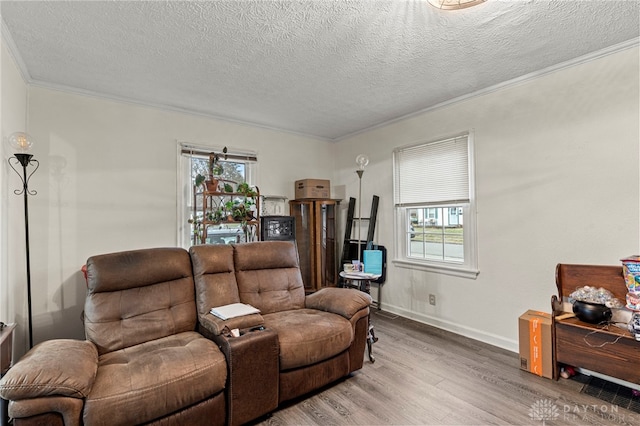 living room with wood-type flooring, a textured ceiling, and ornamental molding