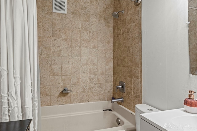 full bathroom featuring toilet, vanity, and shower / tub combo with curtain