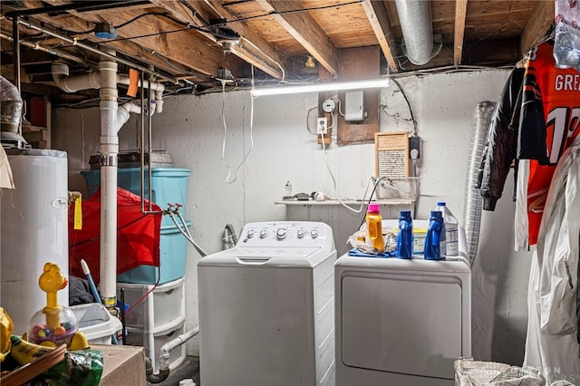 laundry room featuring water heater and washer and dryer