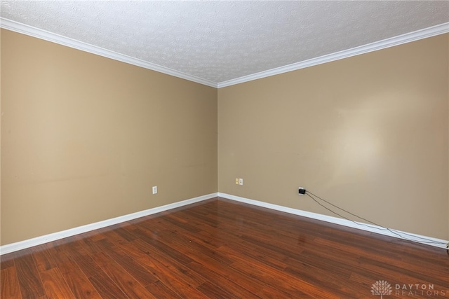 unfurnished room with dark hardwood / wood-style floors, crown molding, and a textured ceiling