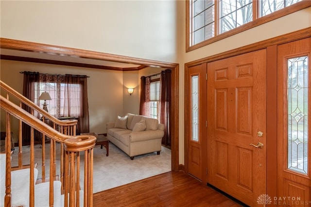 foyer featuring a towering ceiling and hardwood / wood-style flooring