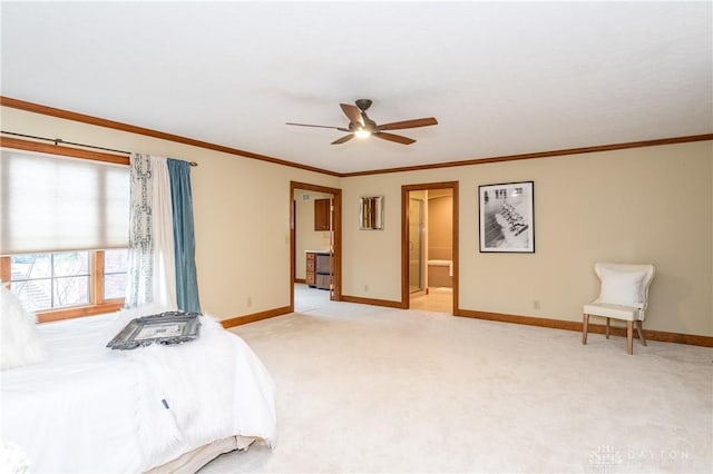 unfurnished bedroom with light carpet, ensuite bathroom, ceiling fan, and ornamental molding