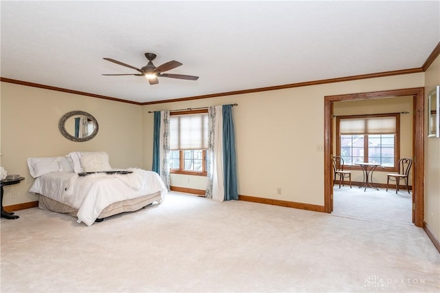 unfurnished bedroom with light carpet, ceiling fan, and crown molding