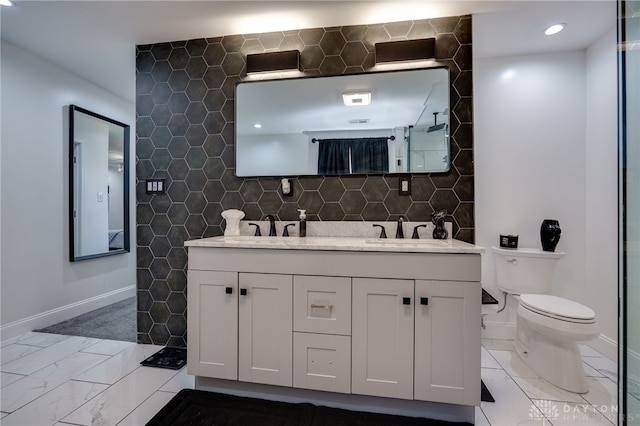 bathroom featuring walk in shower, decorative backsplash, vanity, and toilet