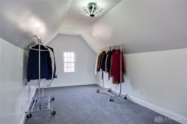 walk in closet featuring carpet floors and vaulted ceiling