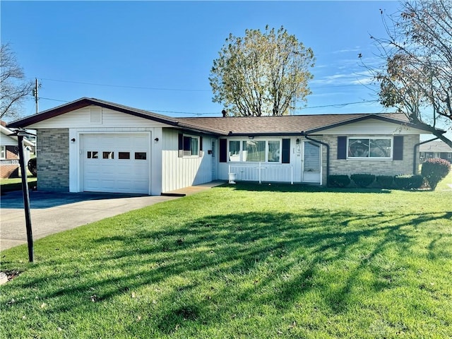 ranch-style house with a front lawn, a porch, and a garage