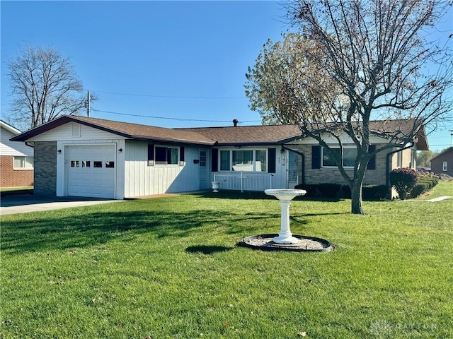 ranch-style house with a front yard and a garage