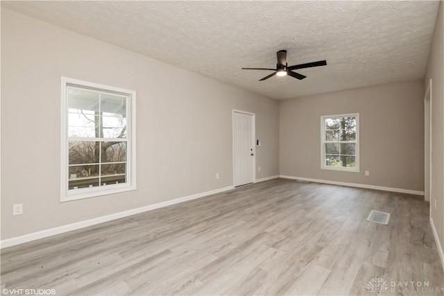 unfurnished room with ceiling fan, light hardwood / wood-style flooring, and a textured ceiling