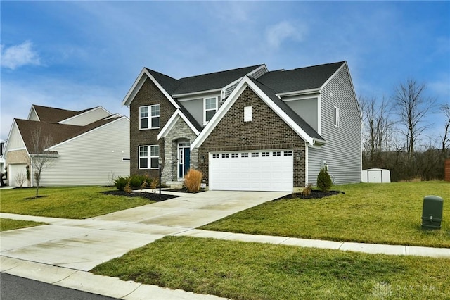 view of front property with a storage unit, a garage, and a front yard