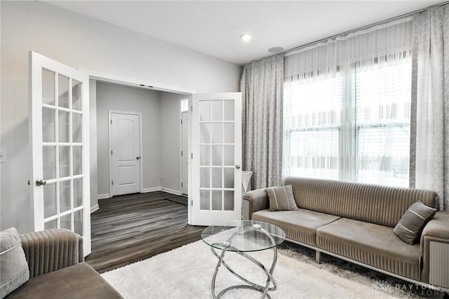 living room with french doors and dark wood-type flooring