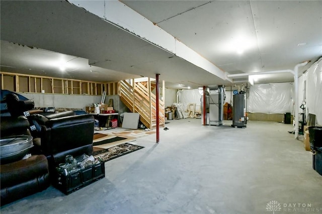 basement with heating unit and water heater