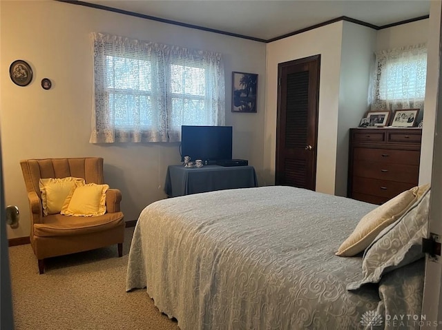 bedroom featuring crown molding, a closet, and carpet