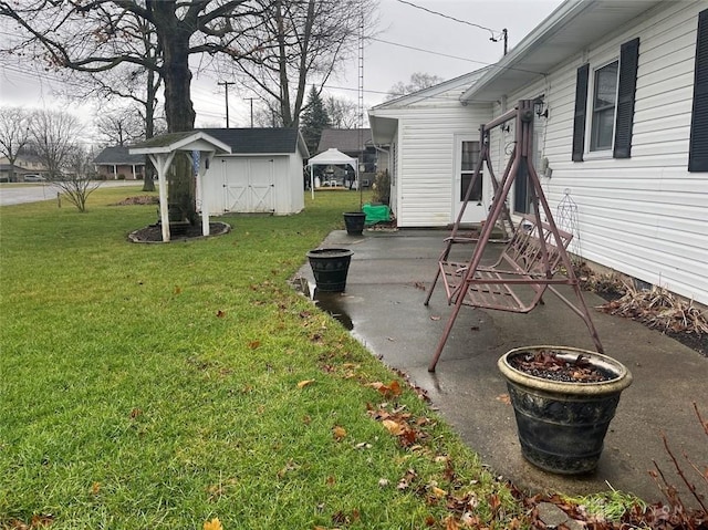 view of yard featuring a patio area and a storage unit